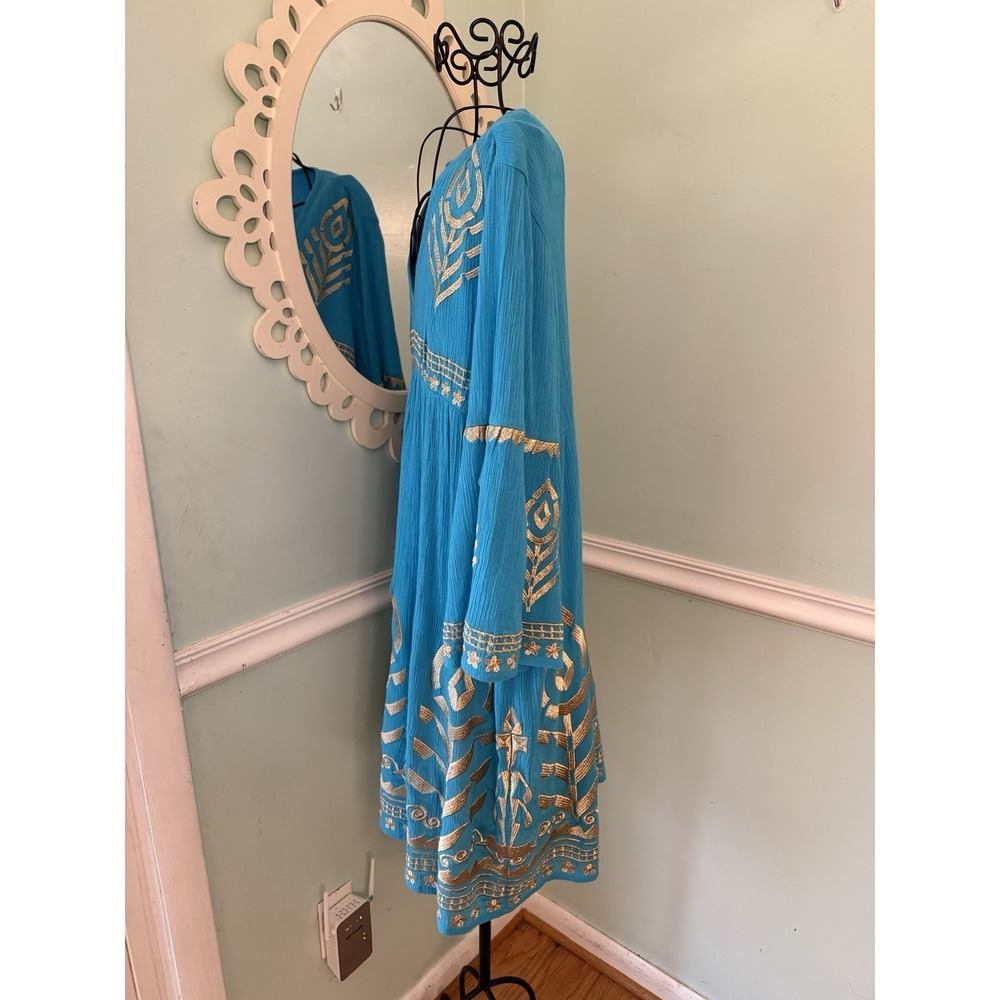 Soft Surroundings Zaneta turquoise blue gold embroidered dress SIZE PL - Picture 6 of 11